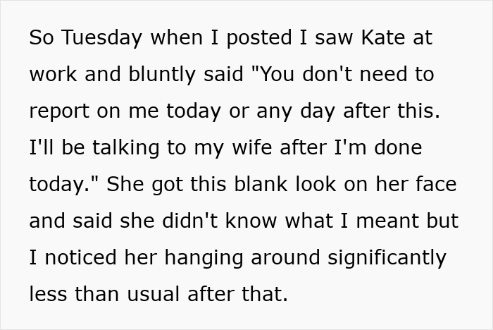Text excerpt describing a jealous wife spying on husband at work and her change in behavior afterward.