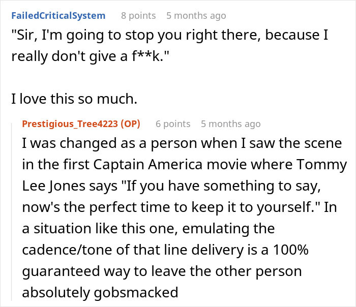 Online comments showing a boomer complaining about stranger’s pants and an appalled reaction with a strong comeback. - 19