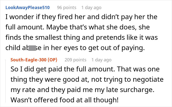 Conversation screenshot discussing babysitting job payment dispute and a mention of order Doordash while babysitting overreaction. Conversation screenshot discussing babysitting job payment dispute and a mention of order Doordash while babysitting overreaction.