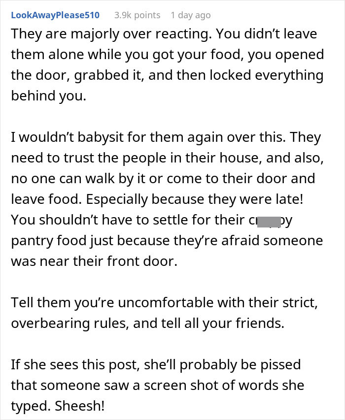 Screenshot of a Reddit comment discussing order DoorDash while babysitting overreaction and strict house rules. Screenshot of a Reddit comment discussing order DoorDash while babysitting overreaction and strict house rules.