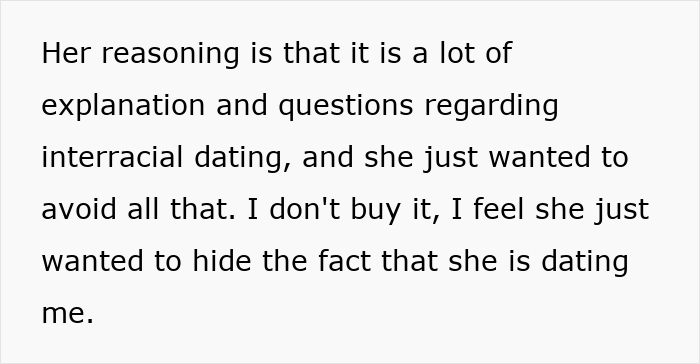 Text discussing reasons behind interracial dating questions and a woman hiding that she is dating the man.