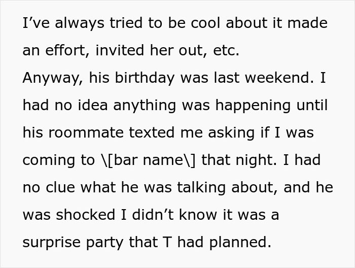 Text excerpt from a story about a guy’s female best friend not inviting his girlfriend to a surprise birthday party. - 3