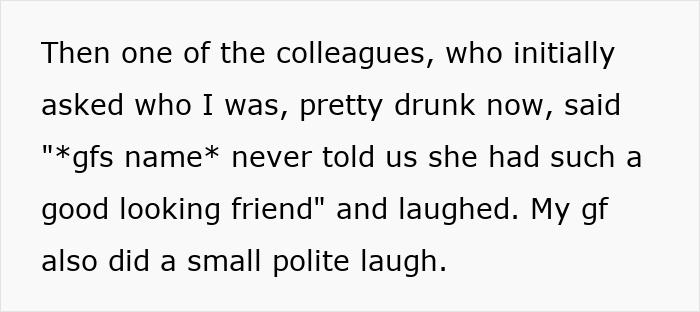 Text excerpt showing a man publicly demoted to friend by girlfriend, hinting at relationship tension and flirtation.
