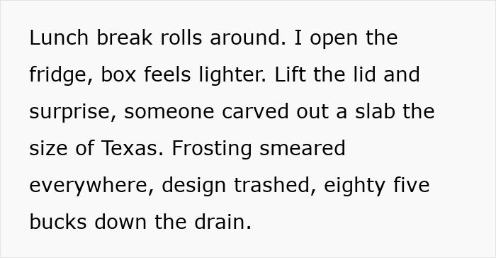 Alt text: Woman&rsquo;s custom baby shower cake ruined in shared fridge, frosting smeared and design trashed by coworkers.