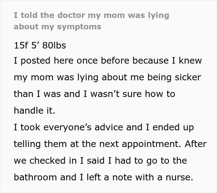 Teen frustrated with mom’s false hospital visits exposes lies about being sicker than they actually are. - 30