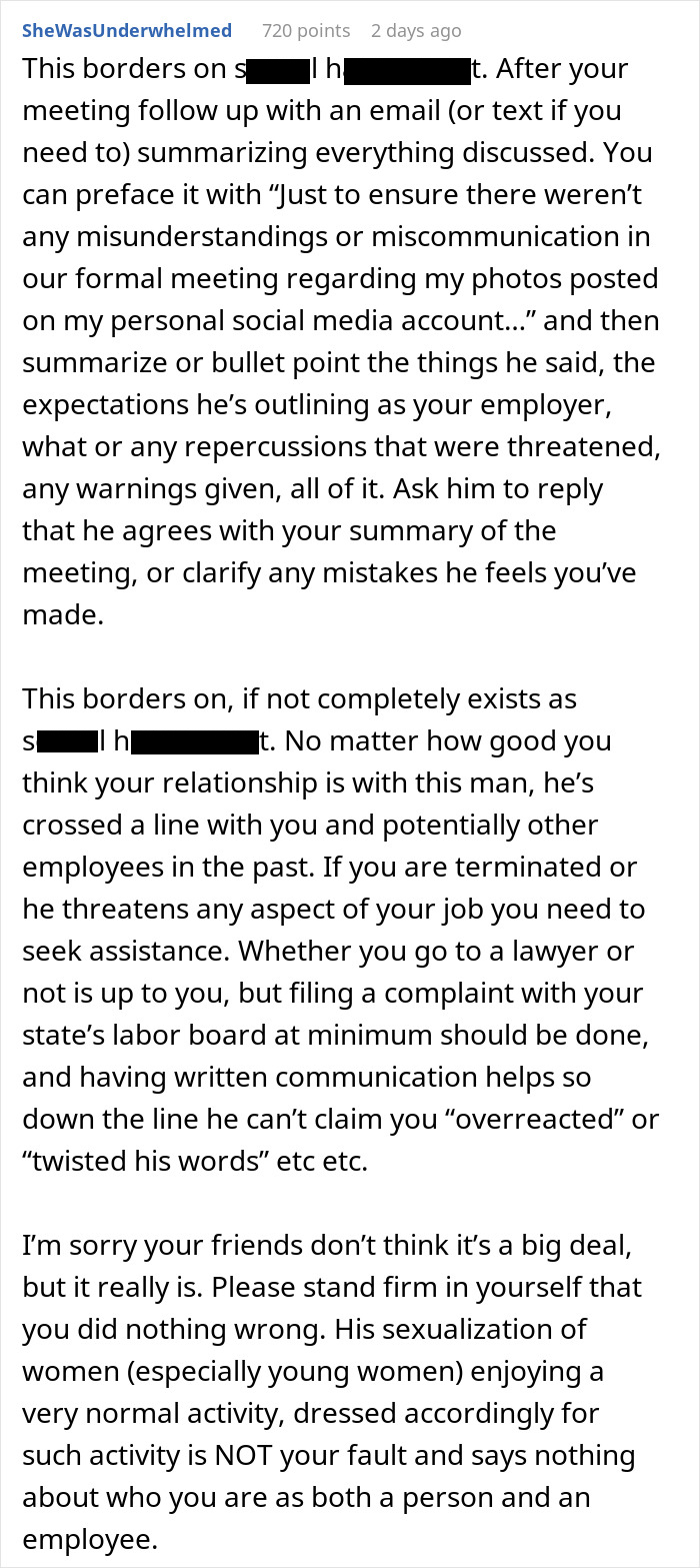 Comment advising careful written follow-up with a boss who doesn’t want employee bikini pictures posted on social media. - 9