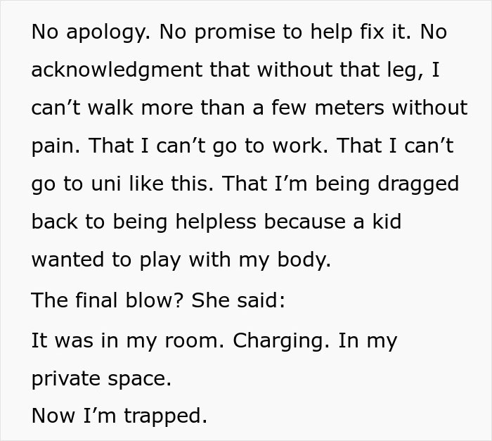 Text expressing pain and helplessness after losing a leg, highlighting struggles of a girl surviving cancer with a prosthetic leg.
