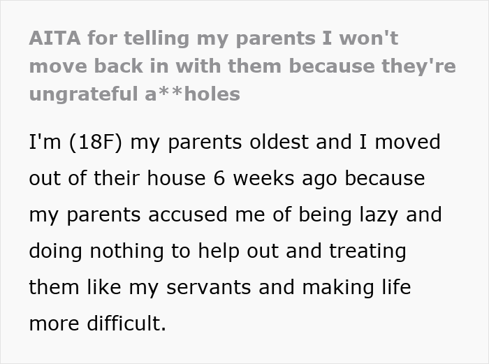 Text post about an 18-year-old leaving home due to toxic parents and refusing to move back with them. Text post about an 18-year-old leaving home due to toxic parents and refusing to move back with them.