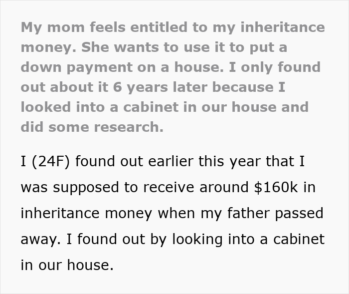 Daughter discovers mom embezzled $160K inheritance and begins gaslighting her after being exposed.