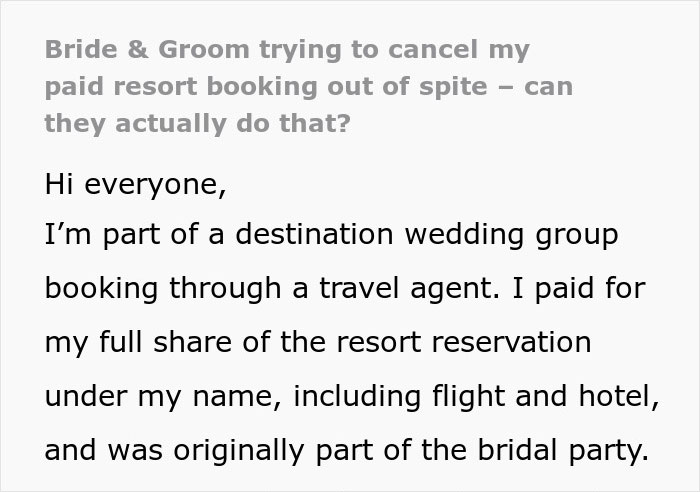 Text excerpt about a bride and groom trying to cancel a guest’s paid resort room out of spite during a wedding. - 2