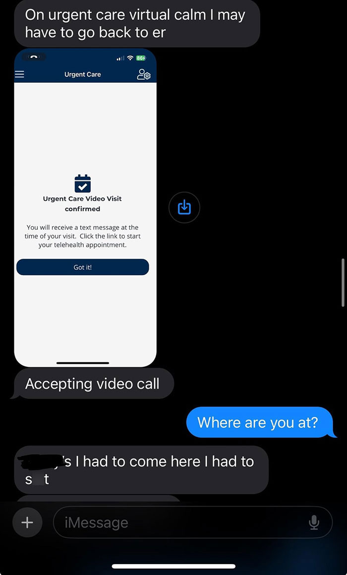 Text message conversation about urgent care video visit on phone, boyfriend ex-gf house bathroom phone charge context.
