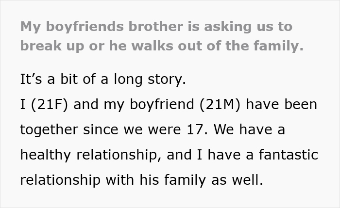 Text image showing a woman describing her boyfriend's brother demanding a breakup due to new girlfriend insecurity.