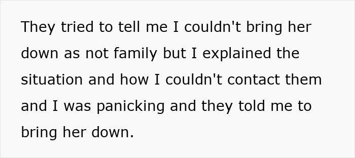 Text excerpt showing a family blacklisted local babysitters warning and instructions during an urgent situation.