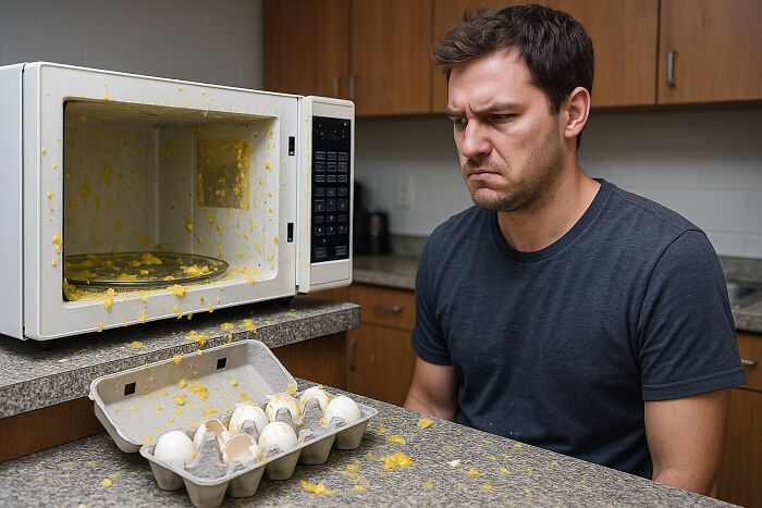 Man sitting in kitchen with a microwave mess, showing a hard-to-believe story about himself in a frustrating moment