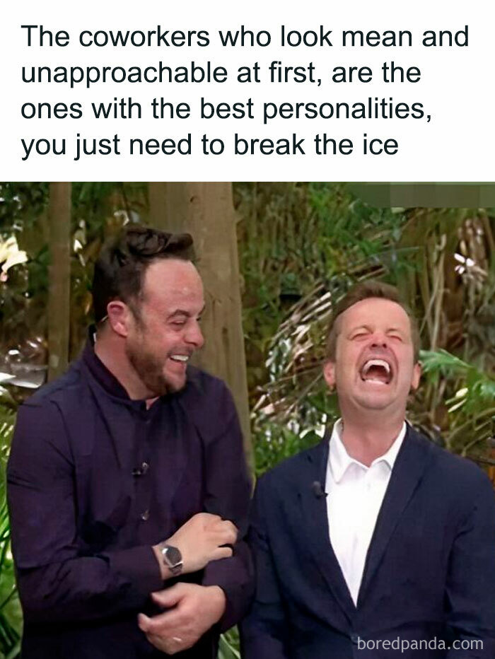 Two men laughing together illustrating funny work memes about coworkers with the best personalities once you break the ice.