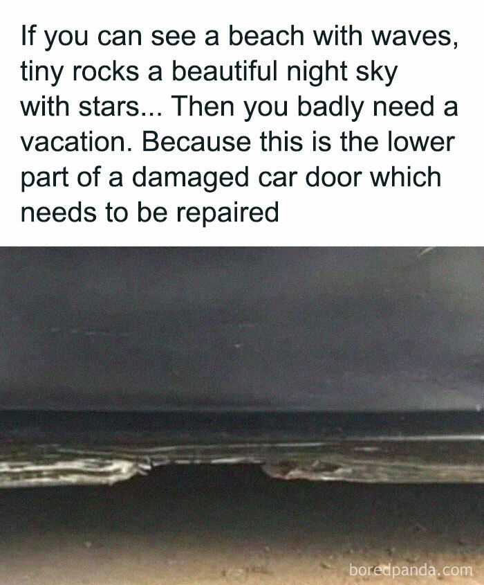 Humorous work meme comparing a damaged car door to a beach scene, using funny work memes to keep you going.