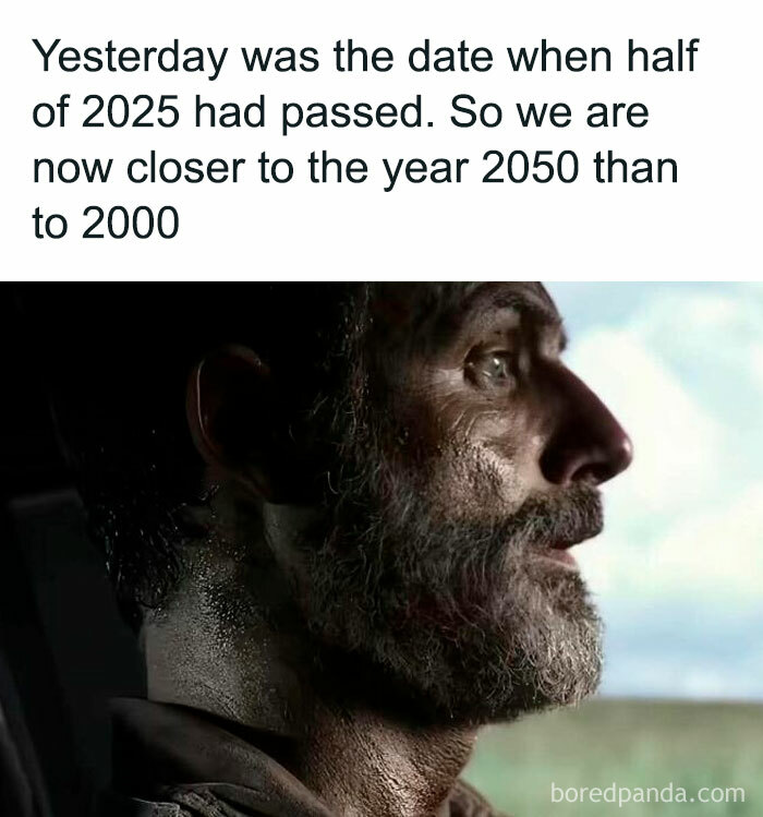 Man with a tired expression reflecting on time passing, featured in a funny work meme about the year 2025 and the future.