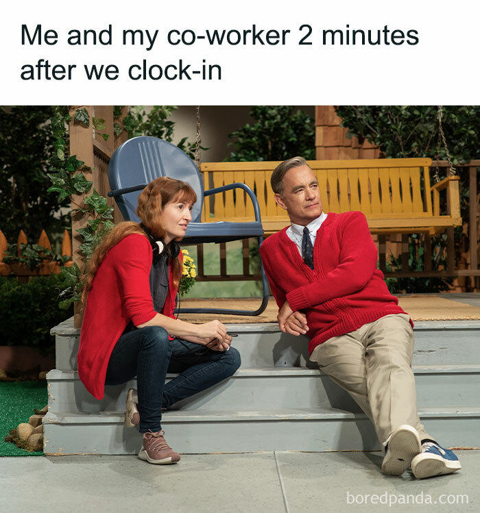 Two coworkers relaxing on steps shortly after clocking in, illustrating funny work memes about office life humor.