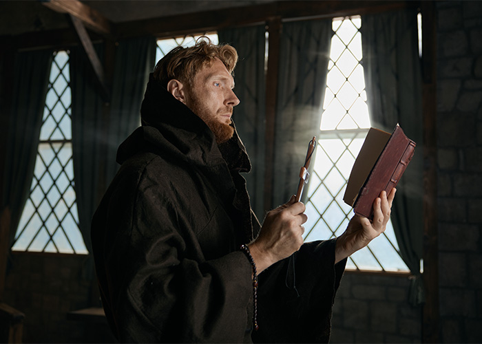 A man in a dark robe holding a book and magnifying glass, symbolizing ridiculous complaints from employees.