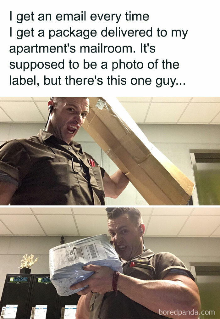 Funny work meme showing a mailroom worker humorously holding packages instead of labels to entertain office workers.