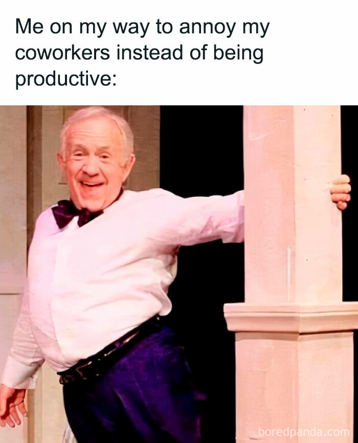 Elderly man smiling mischievously while leaning on a pillar, illustrating funny work memes about avoiding productivity.