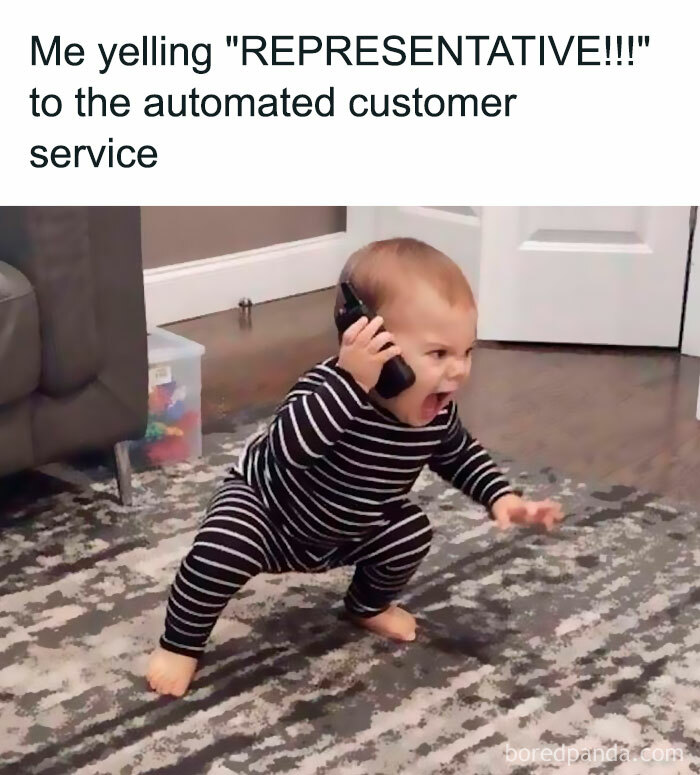 Toddler in striped pajamas yelling at phone in an exaggerated pose, relating to funny work memes about customer service frustration.