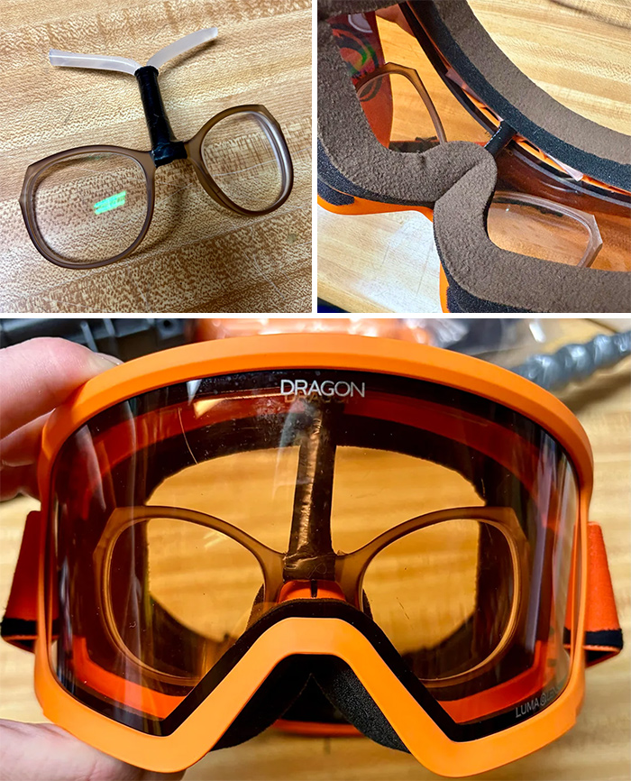 Creative redneck engineering fix using glasses inserted into motocross goggles for improved vision and comfort.