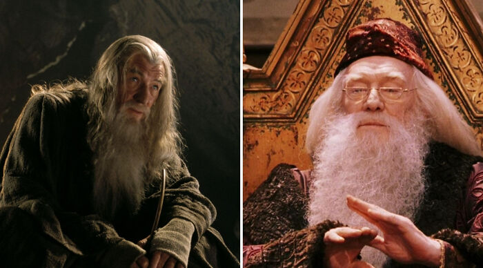 Two elderly men with long white beards, one in dark robes and one in rich red robes, representing who would win in a fight.