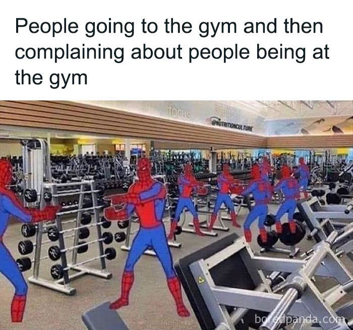 Multiple Spider-Man characters pointing at each other in a crowded gym illustrating gym humor and workout memes.