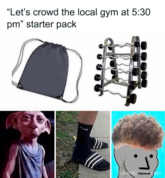 Gym humor meme starter pack showing gym bag, weight rack, funny characters, and socks with sandals for gym-goers.
