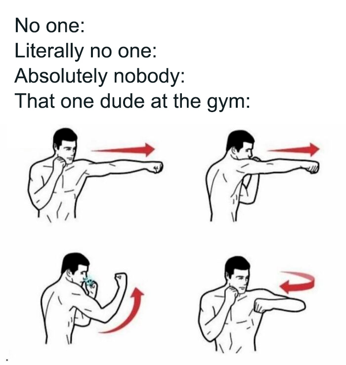 Cartoon man demonstrating various punching moves with red arrows, illustrating a funny gym meme about gym habits.