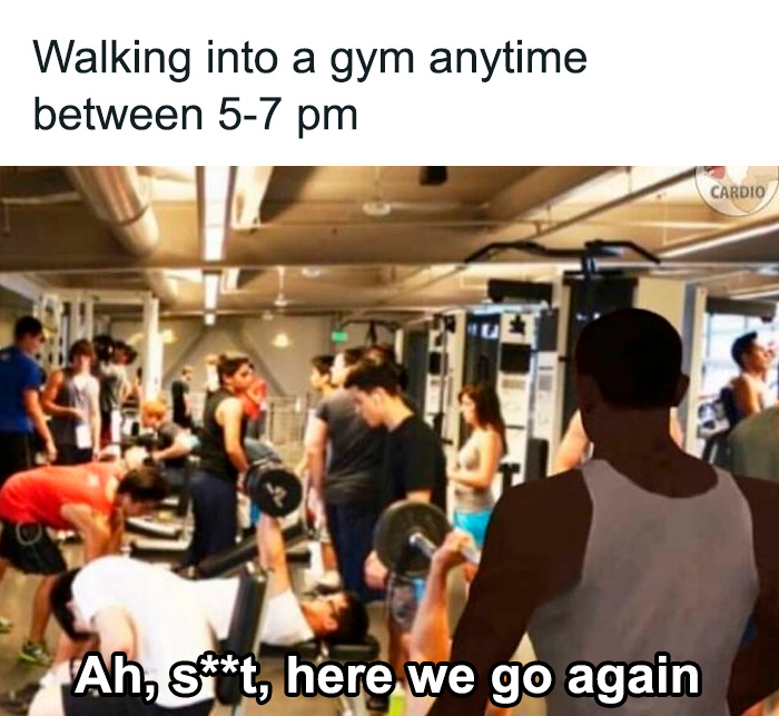 Crowded gym scene with people lifting weights and a meme caption about gym visits during peak hours, gym memes concept.