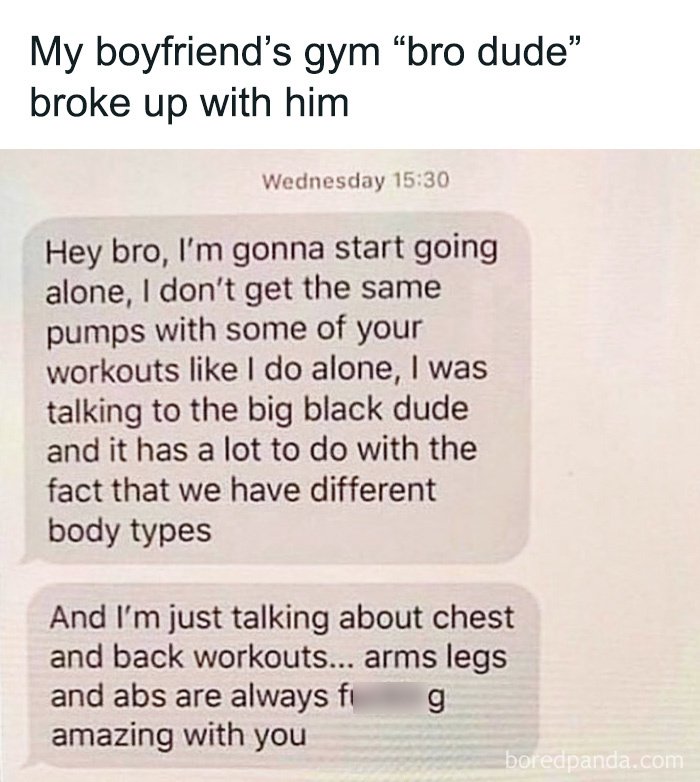Text message about a gym bro dude breaking up due to different body types and workout preferences, gym memes humor.