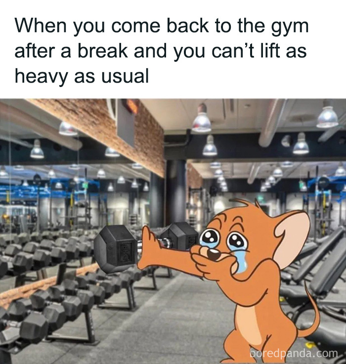 Crying cartoon mouse struggling to lift a dumbbell in a gym, illustrating funny gym memes for workout lovers.