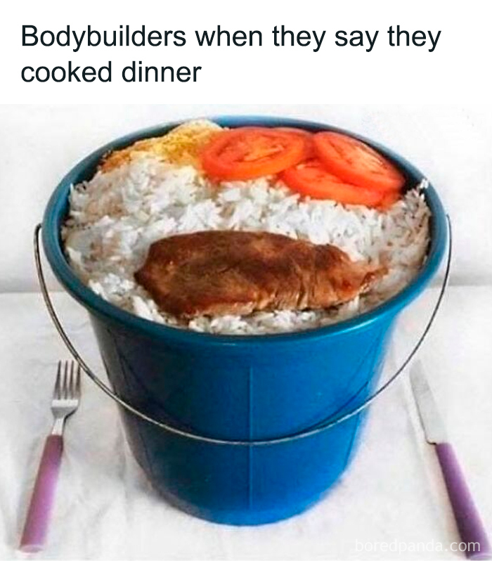 Bucket filled with rice, meat, and tomato slices humorously representing bodybuilders' dinner in gym memes.