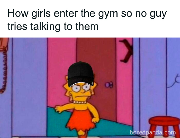 Cartoon character Lisa Simpson wearing a black cap entering the gym to avoid being approached by guys, gym memes.