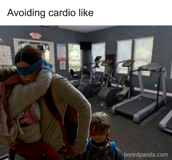 Three people blindfolded in a gym with treadmills, humorously avoiding cardio exercise.