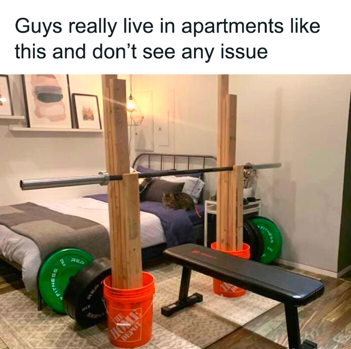 Apartment gym setup with homemade squat rack and bench, an example of hilarious memes for gym lovers.