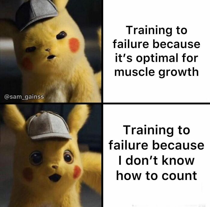 Funny gym meme featuring Pikachu with captions about training to failure for muscle growth and counting errors.