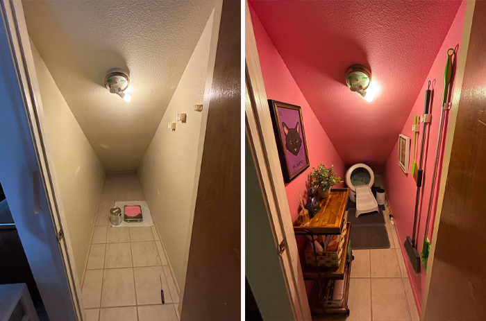 Before and after image of a living space revamped with pink walls, new lighting, shelves, and decorative items on a small hallway.