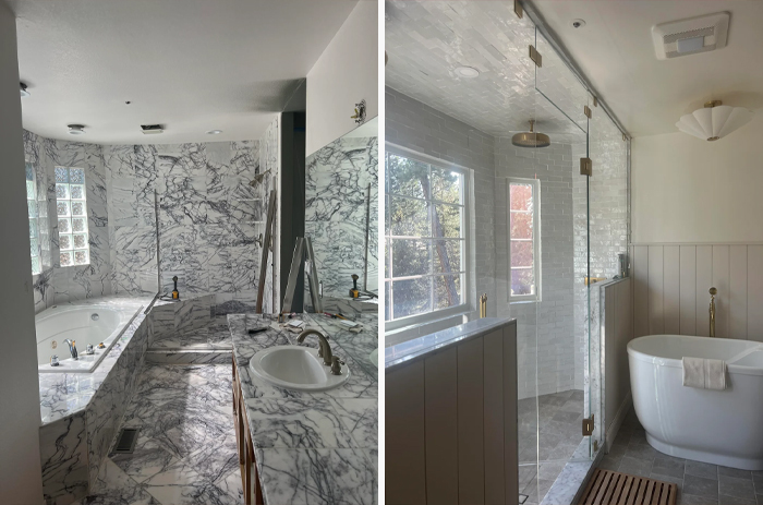 Living space revamped with luxurious marble bathroom and modern glass shower enclosure in a bright, stylish setting.