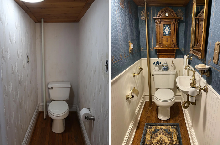 Before and after bathroom renovation showing revamped living space with vintage decor, wooden accents, and improved lighting.