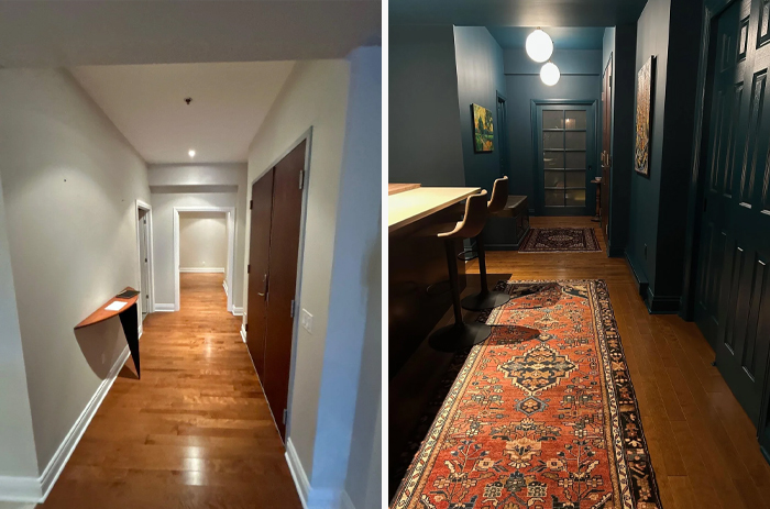 Before and after living space revamp showing hallway transformation with new lighting, dark walls, and decorative rugs.