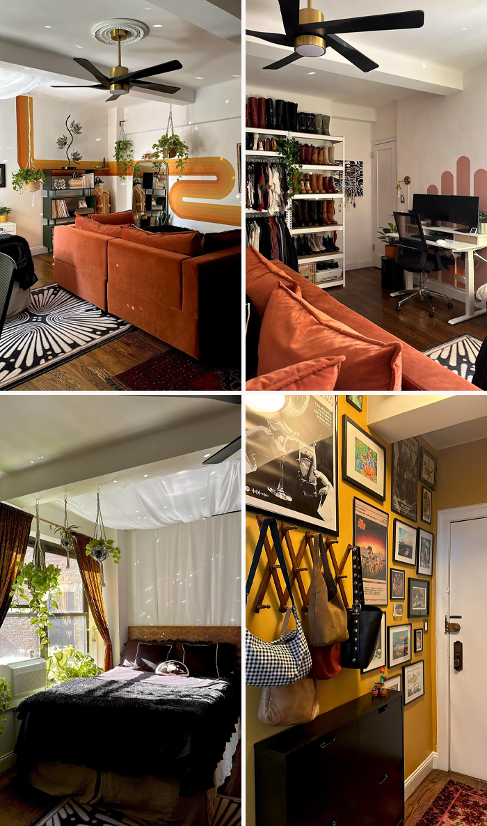 Cozy living space makeover with warm tones, hanging plants, organized storage, and personalized wall art decor.