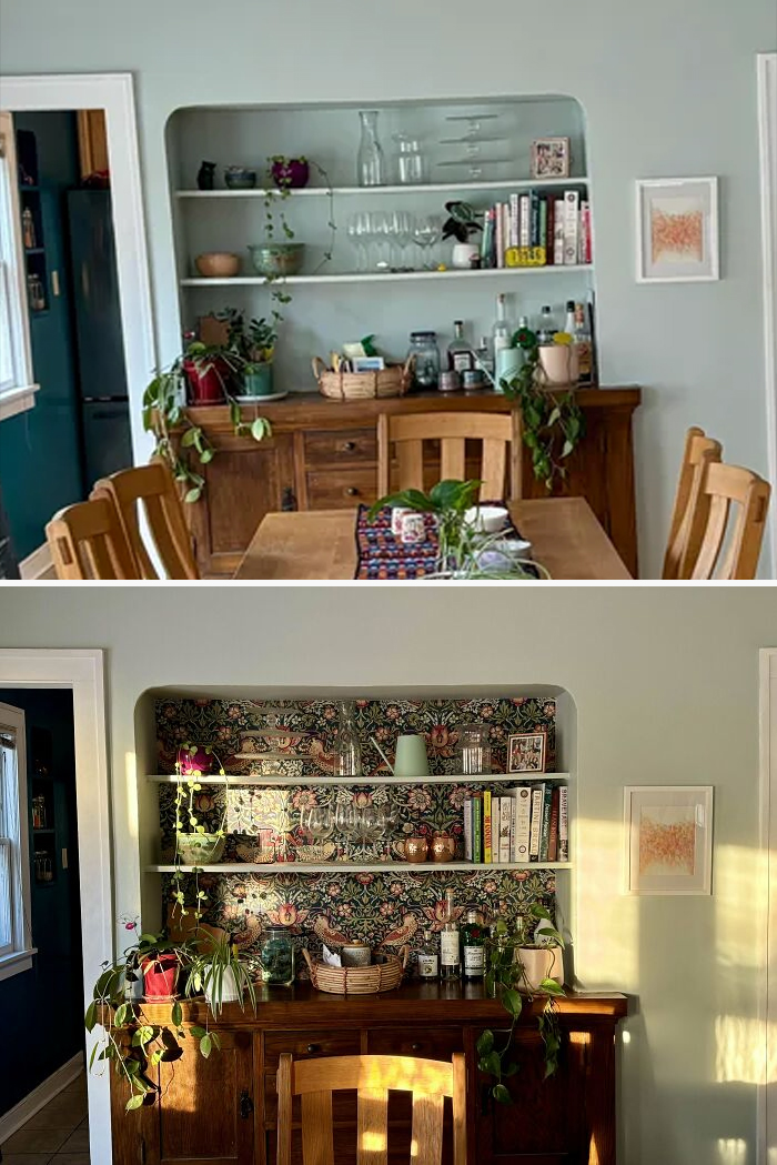 Living space revamped with floral wallpaper and decorative shelving, enhancing dining room ambiance and style.