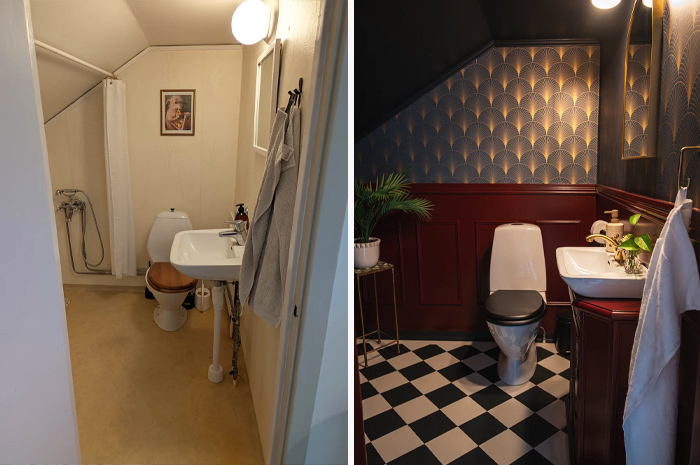 Before and after photos showing a living space revamp with a modern bathroom transformation and stylish decor.