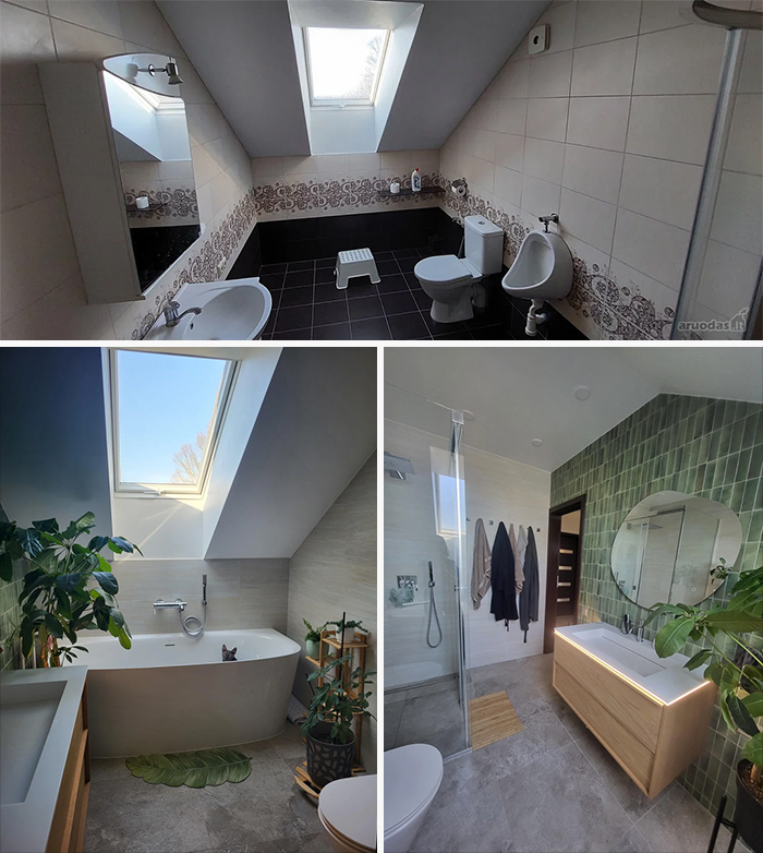Three renovated living space bathrooms with modern fixtures, skylights, and stylish tile work showcasing creative home revamp ideas.