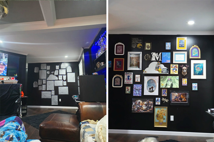 Living space wall transformation from blank sketches to a colorful gallery of framed artwork and decor.