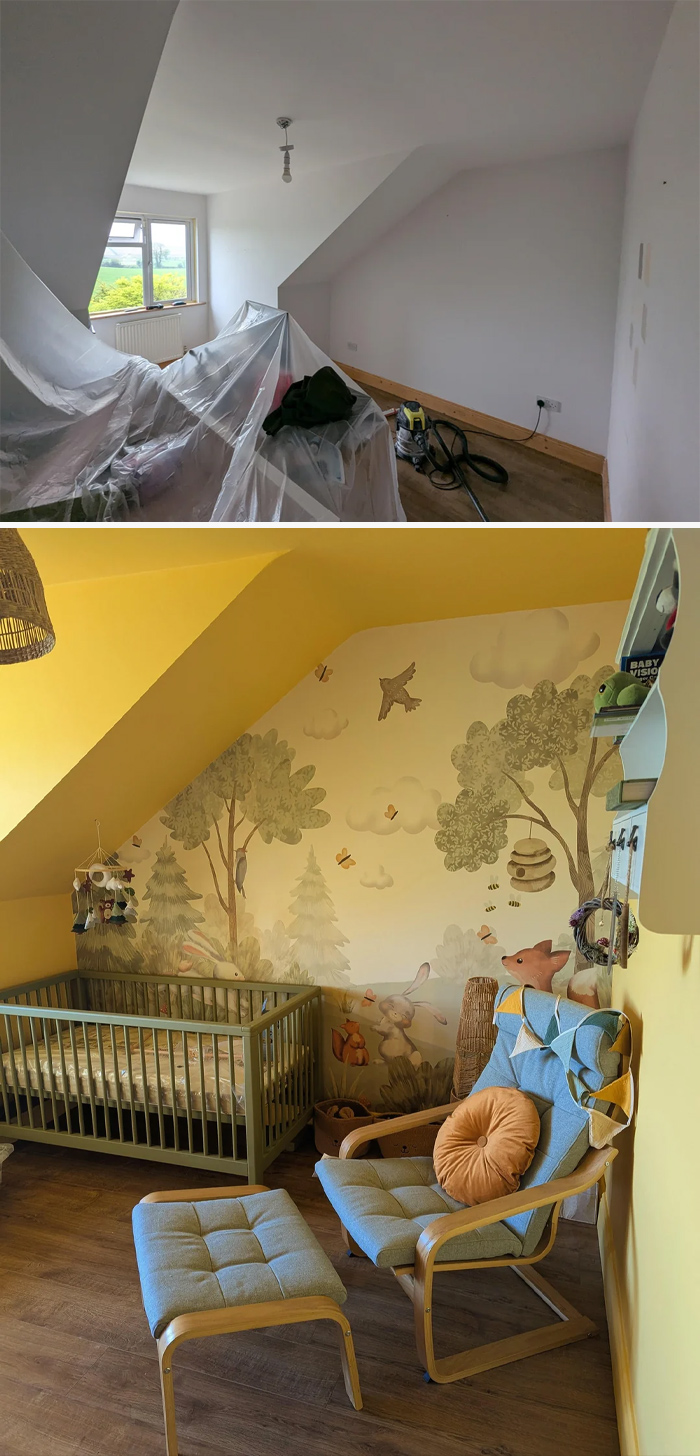 Before and after photos showing a living space revamped into a cozy nursery with forest-themed wall art and furniture.