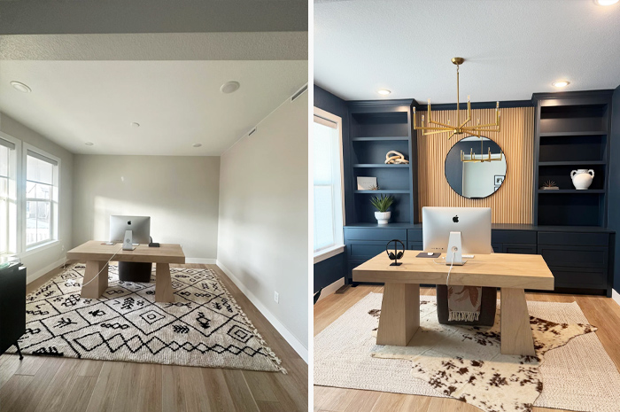 Before and after living space revamp showing a modern office with built-in shelves, wood accents, and improved lighting.